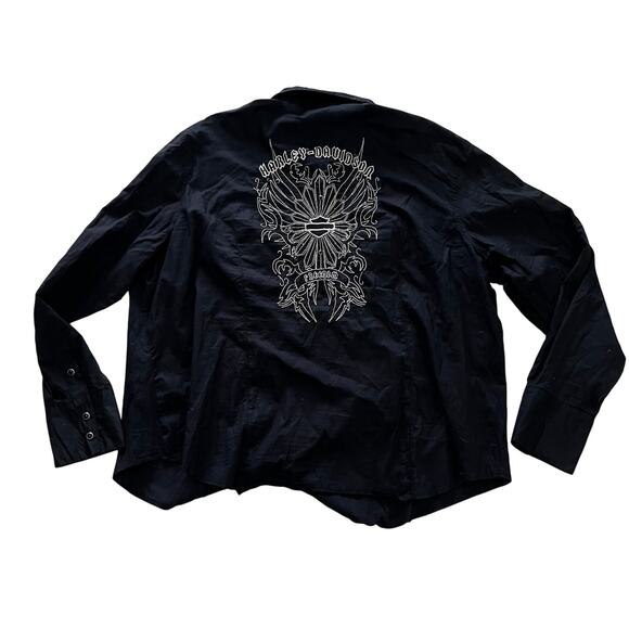Harley Davidson Women’s 2W Black Long Sleeve Embroidered Button Down Pearl Snaps - Picture 1 of 6